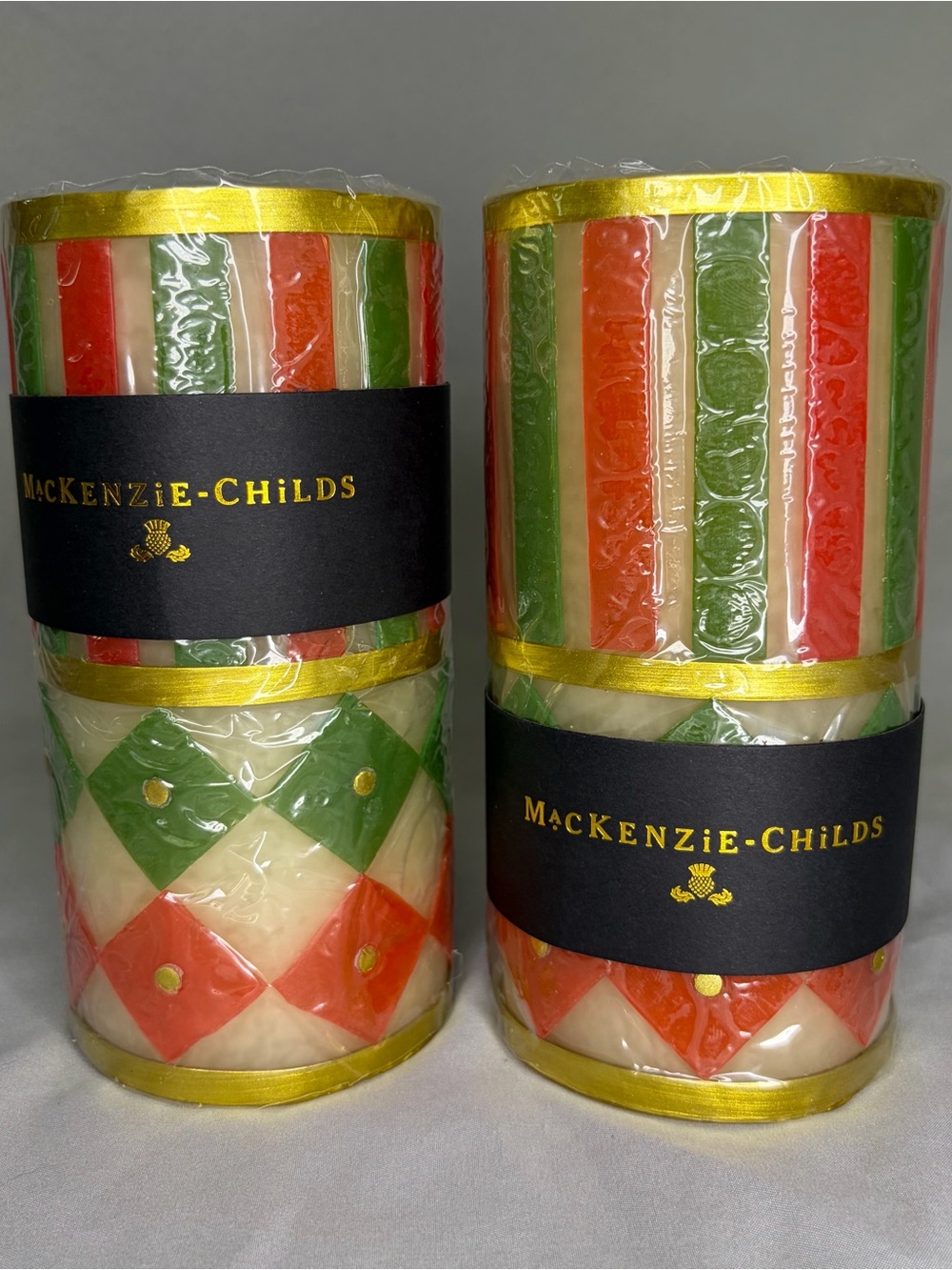 MacKenzie-Childs Holiday Stripe and Diamond Candle Set in Red, Green, and Cream